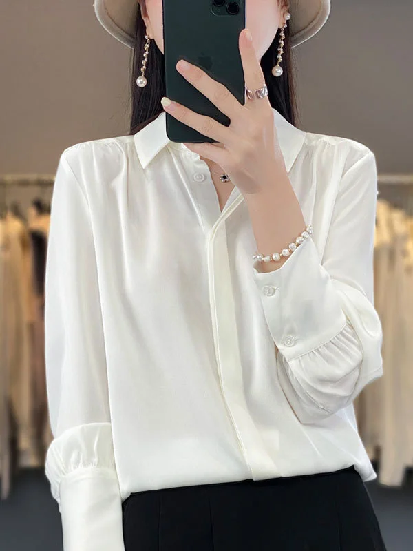 Long Sleeves Loose Buttoned Pleated Solid Color Lapel Blouses&Shirts Tops