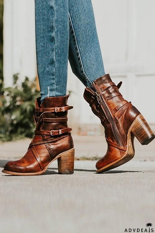 Vintage Buckle Zipper Mid-Calf Boots