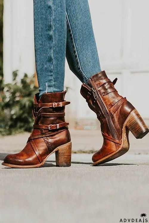 Vintage Buckle Zipper Mid-Calf Boots