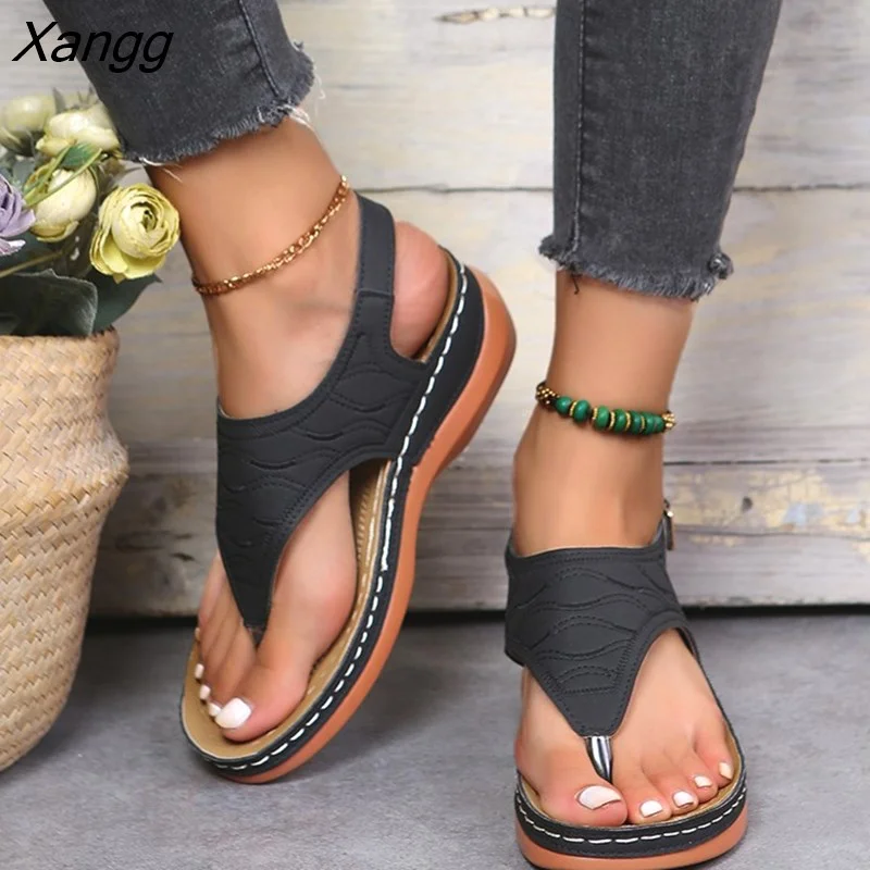 Punklens Summer Women Strap Sandals Women's Flats Open Toe Solid Casual Shoes Rome Wedges Thong Sandals Sexy Ladies Shoes