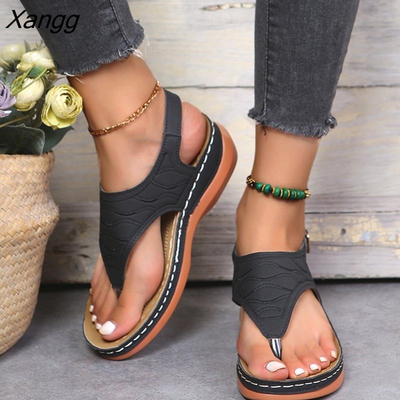 Xangg Summer Women Strap Sandals Women's Flats Open Toe Solid Casual Shoes Rome Wedges Thong Sandals Sexy Ladies Shoes