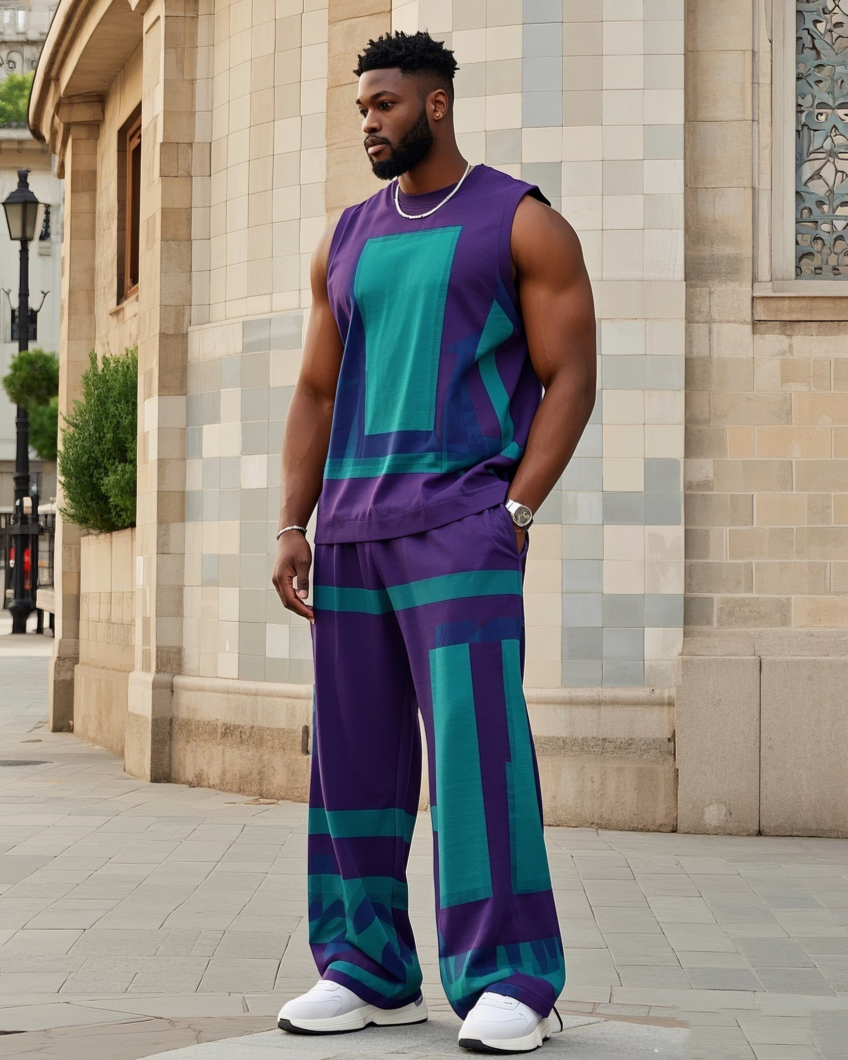 Big Boy Square Creative Print Colorblock Tank Trousers Suit