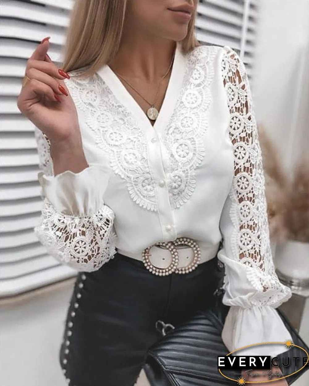 Womens Sexy Lace Patchwork Hollow Out T-Shirt Long Sleeve Crew Neck Button Mesh Design