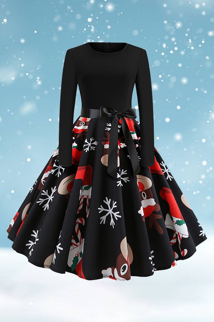 Plus Size Christmas Black Graphic Print Round Neck Long Sleeve With Belt Midi Dress