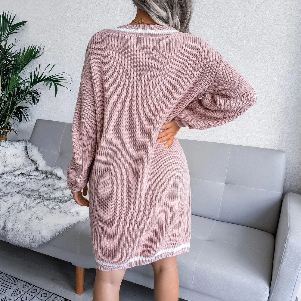 Women's V-neck Solid Color Sweater Dress