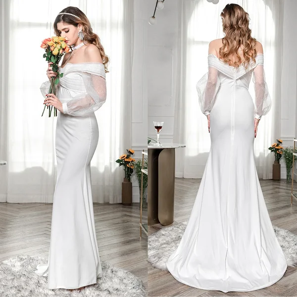 Women Fashion Evening Party Solid Color Drop Shoulder Wedding Dress