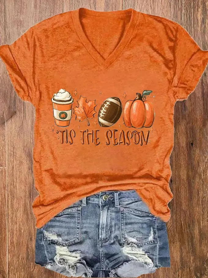 Women's Tis The Season Football Fall Pumpkin Drinking Maple Leaf Print V-Neck T-Shirt 