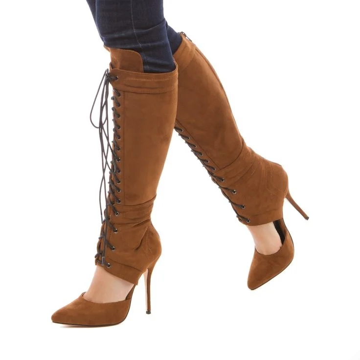 Tan Vegan Suede Cut Out Pointed Toe Stiletto Heel Lace Up Boots |FSJ Shoes