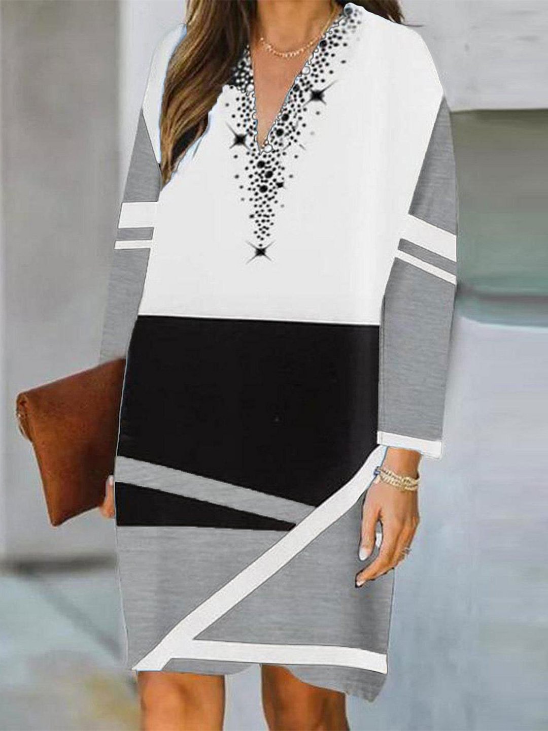 Women Long Sleeve V-neck Printed Striped Mini Dress Women Dress