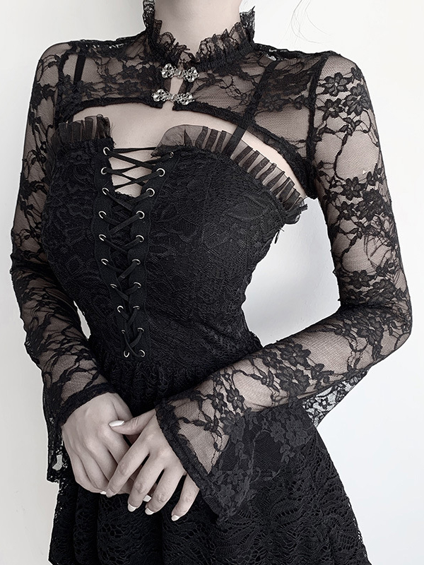Vintage Lace See Through Stand Collar Long Sleeve Cape