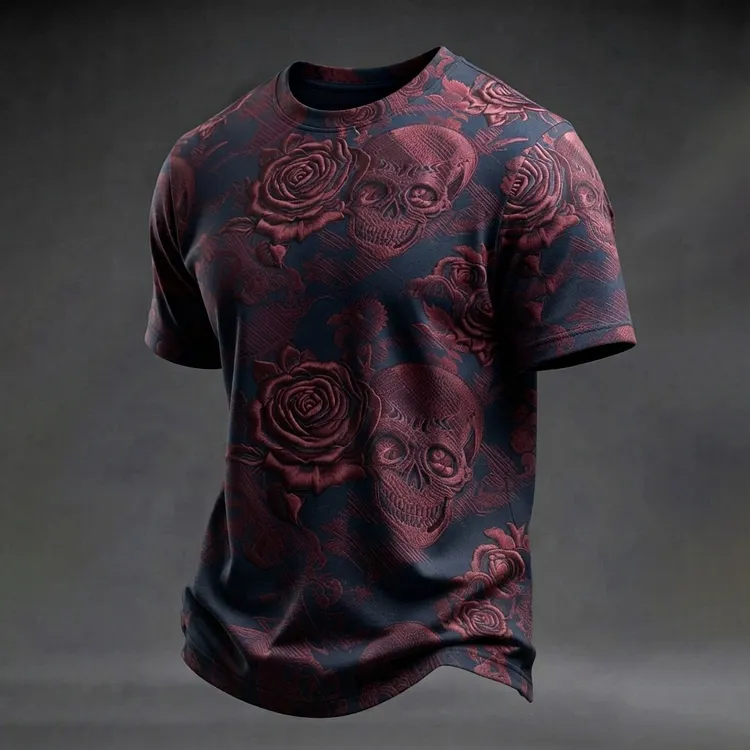 Men's Retro Halloween Skull And Rose Print T-shirt