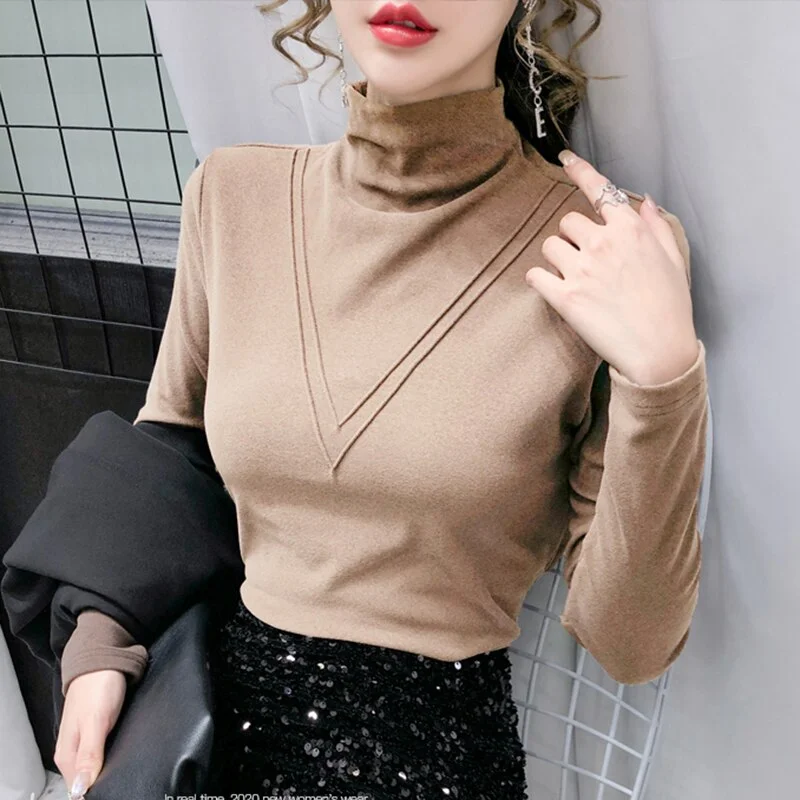 Christmas Gift turtleneck slim fit tshirt femme cotton tee shirt camisas mujer 2021 t-shirt thicken t shirt long sleeve tops womens clothing