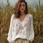Bohemian Retro Countryside Style Plant Flower Design Women's Linen Long-sleeve Top - Image 2