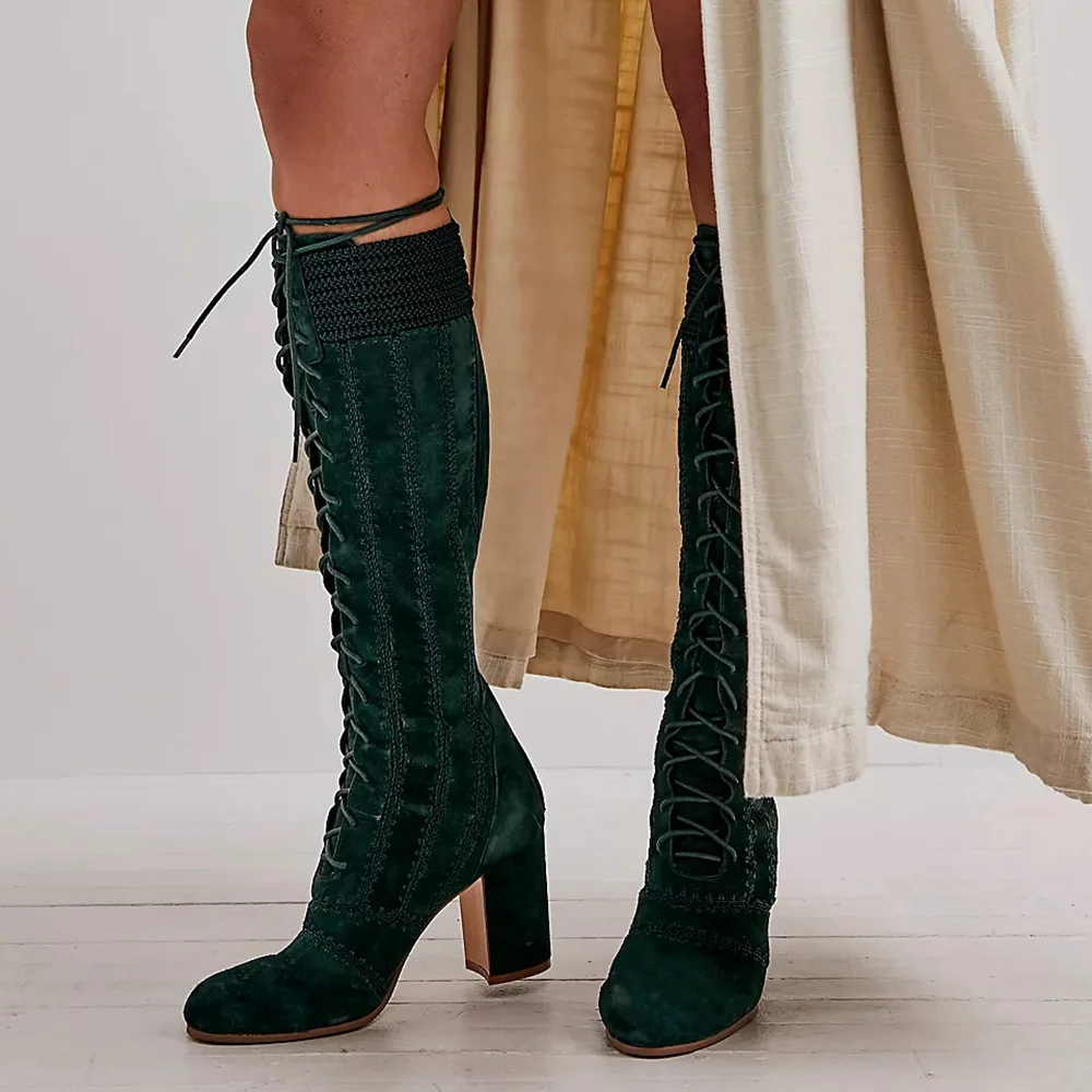 Dark Green Lace Up Suede Boots Zipper Block Heels Nicepairs