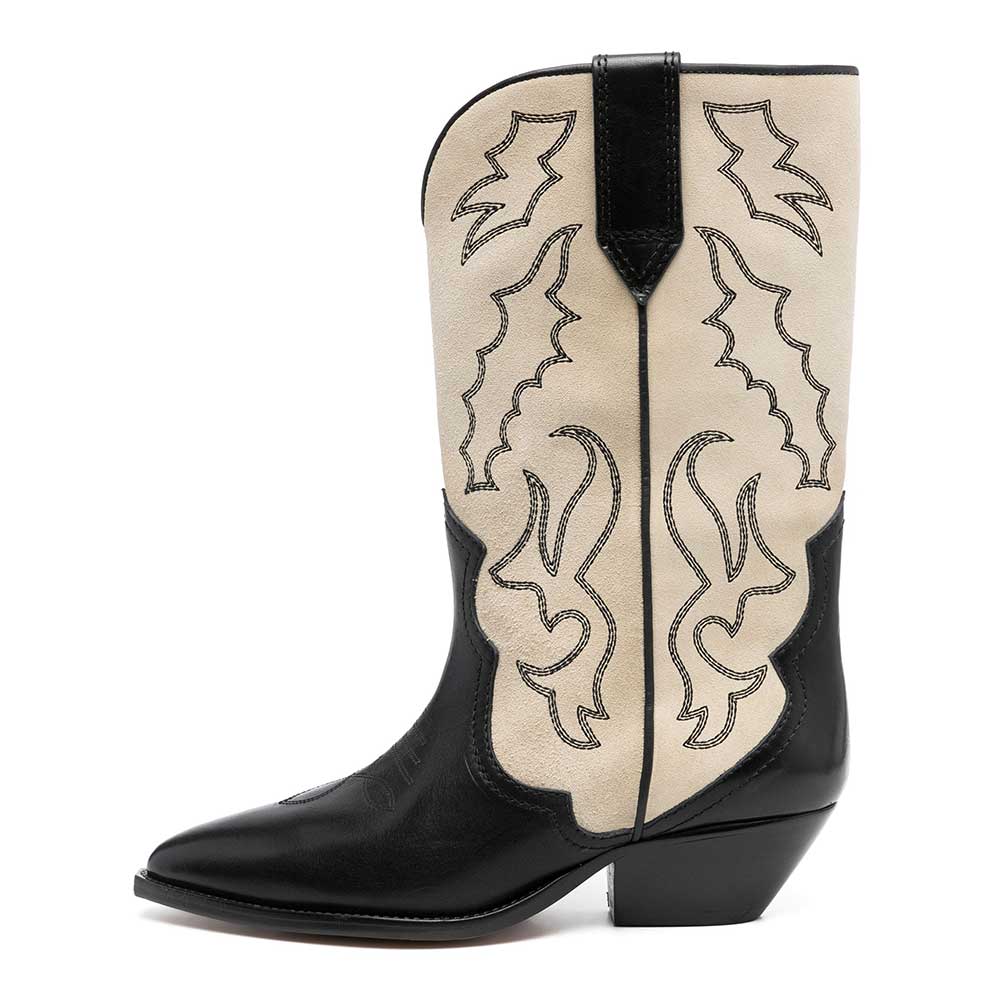 Black & Beige Embroidered Pointed Toe Chunky Heel Cowgirl Boots Nicepairs