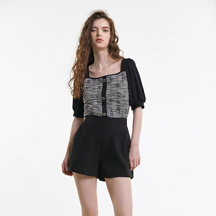 Black Tweed Square Neck Button Detail Puff Sleeve Blouse QueenFunky