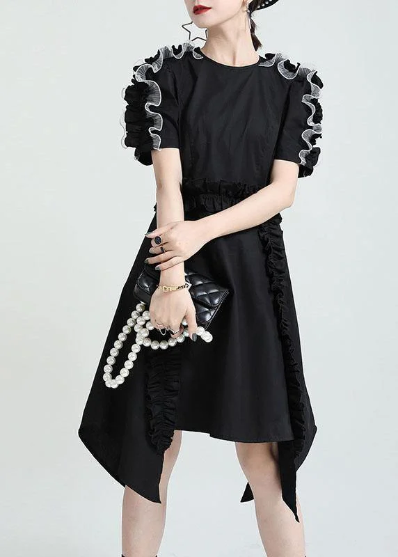 Women Black O-Neck Asymmetrical Design Patchwork Summer Cotton Sundress