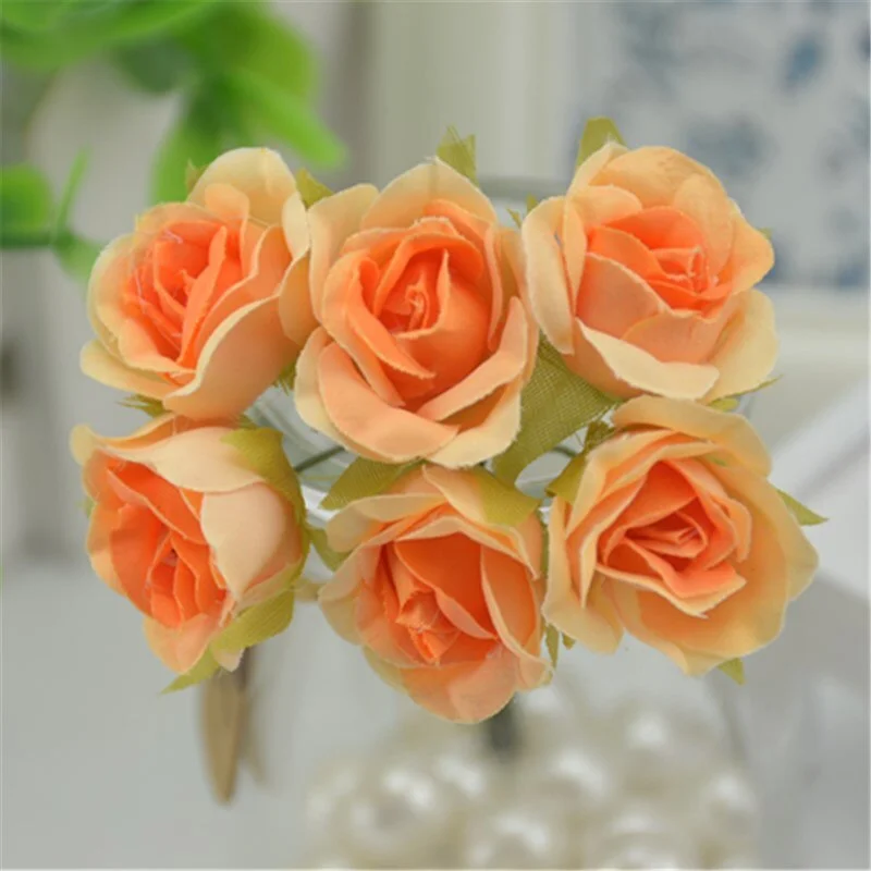 6 pcs/lot Mini Silk Artificial Gradient Rose Flower Bouquet For Wedding Decoration DIY Scrapbooking Fake Flowers Wreath Supplies