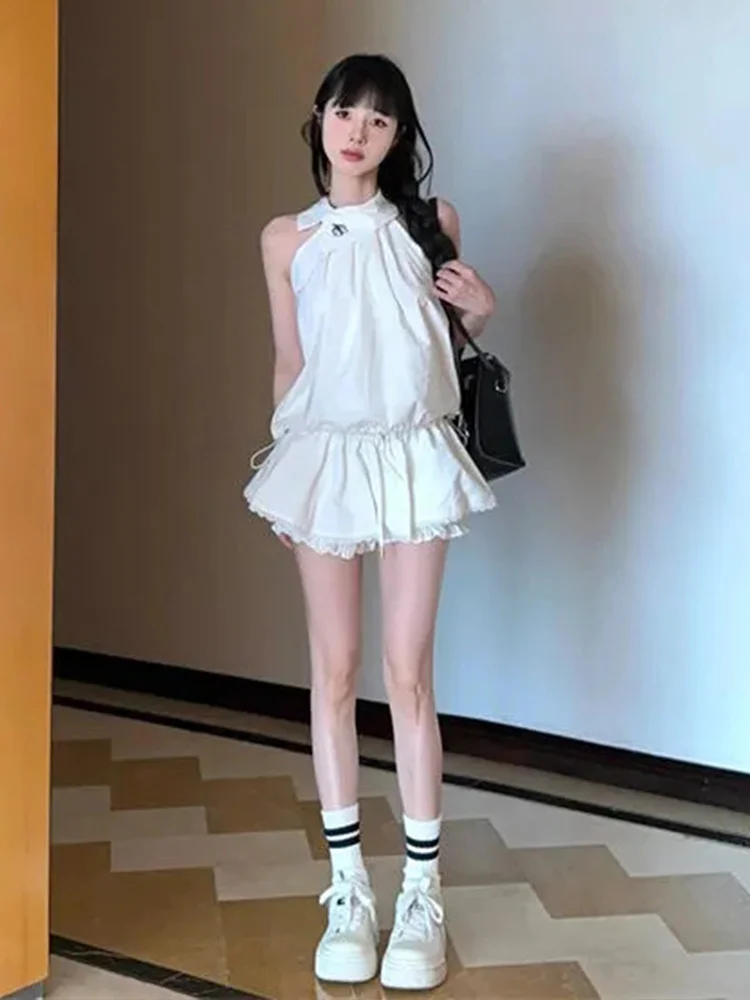 Ueong Aging Simple Temperament Suit Women's Summer Design Sense Hanging Neck Blouse Waist Fluffy Half Skirt Two Sets
