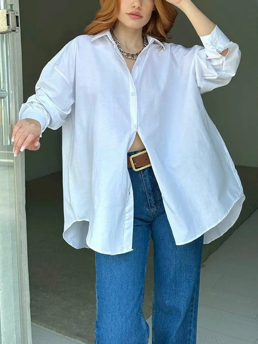 Turndown Collar Long Sleeve Back Split Blouses