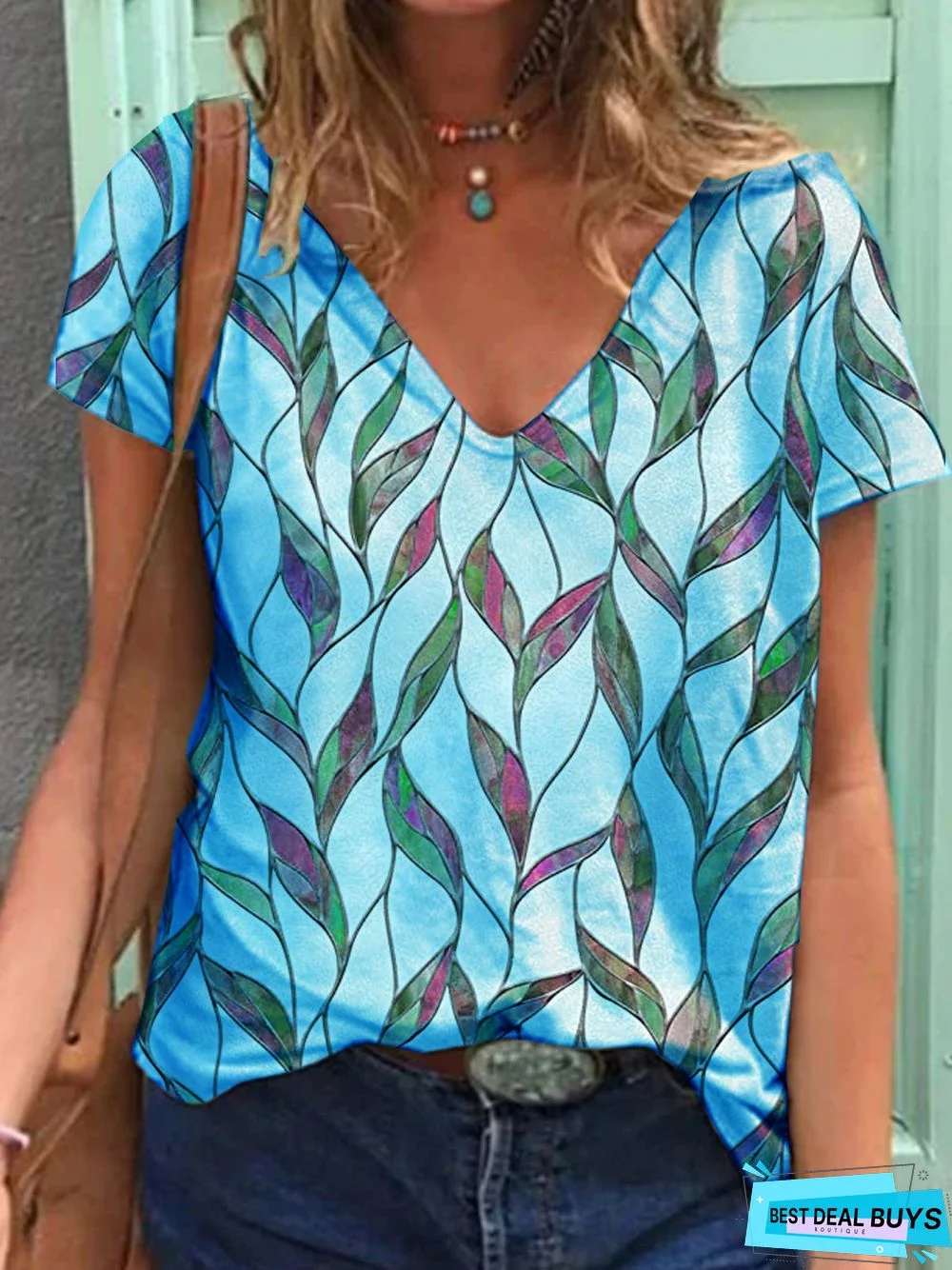 Leaves  Short Sleeve Printed  Cotton-blend  V neck  Vintage Summer  Blue Top