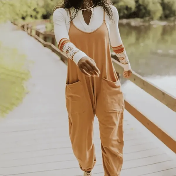 Solid V-Neck Sling Pocket Jumpsuit