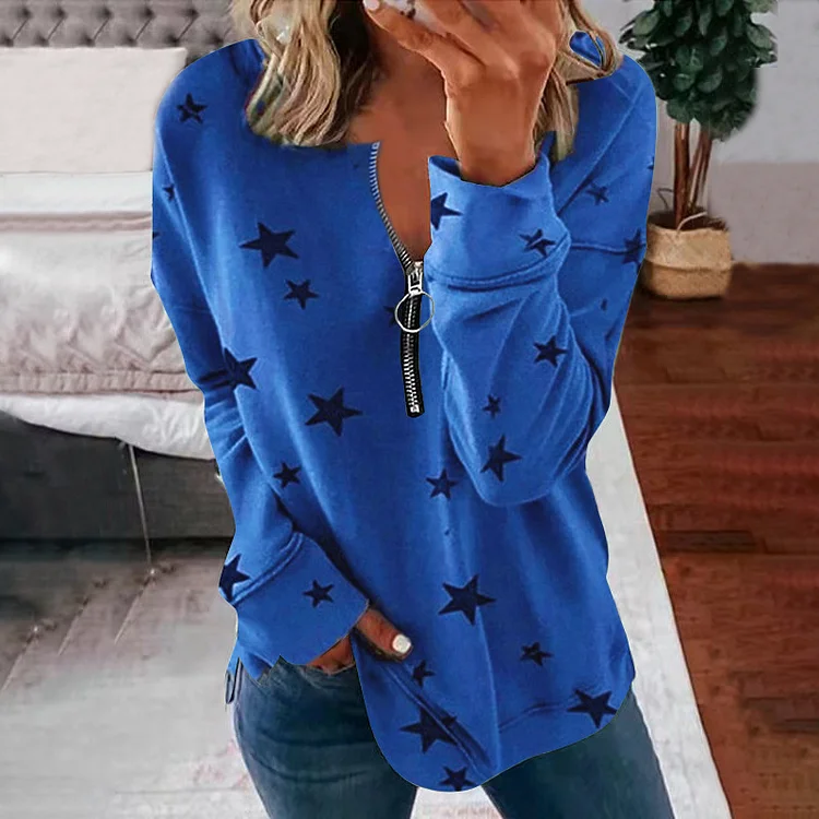Women's Zipper V-neck Star Print Pattern Casual Loose Long-sleeved T-shirt