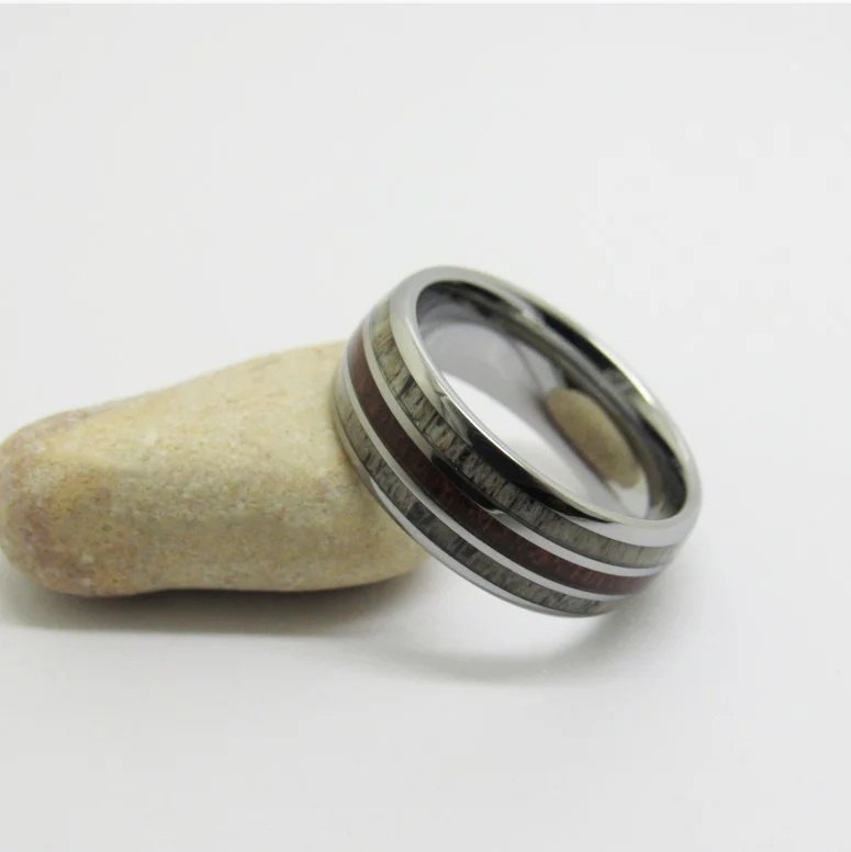 8MM Sliver Tungsten With Full Arc Polished With Deer Antler On Both Sides And Mahogany In The Middle Wedding Bands