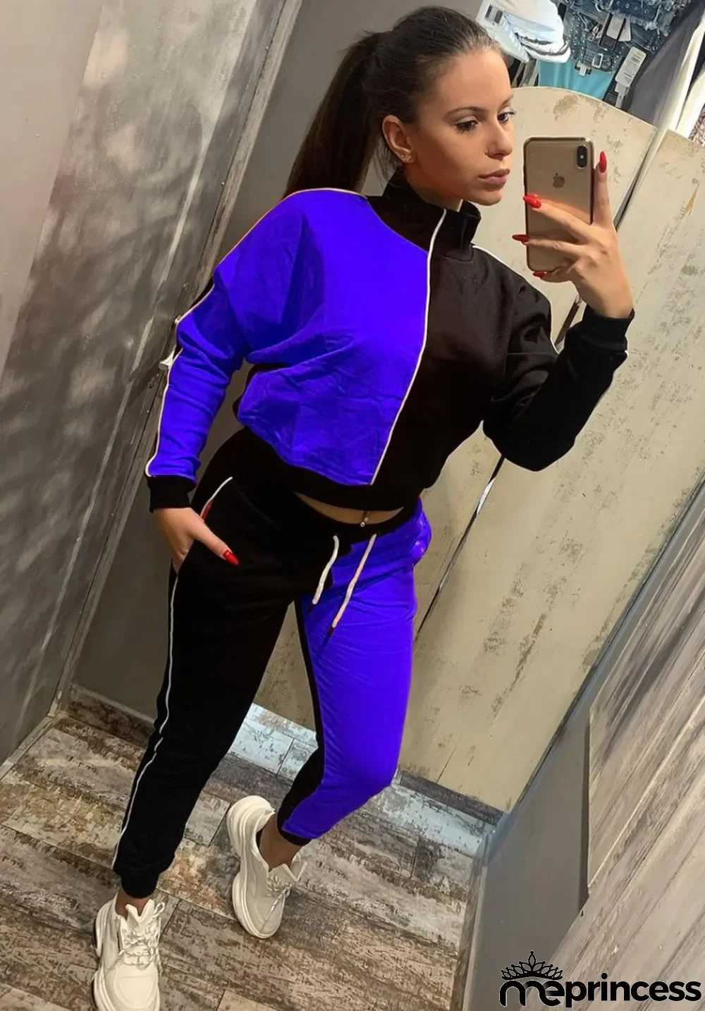 Winter Blue Contrast turtleneck Sports Jogging Two Piece Tracksuits