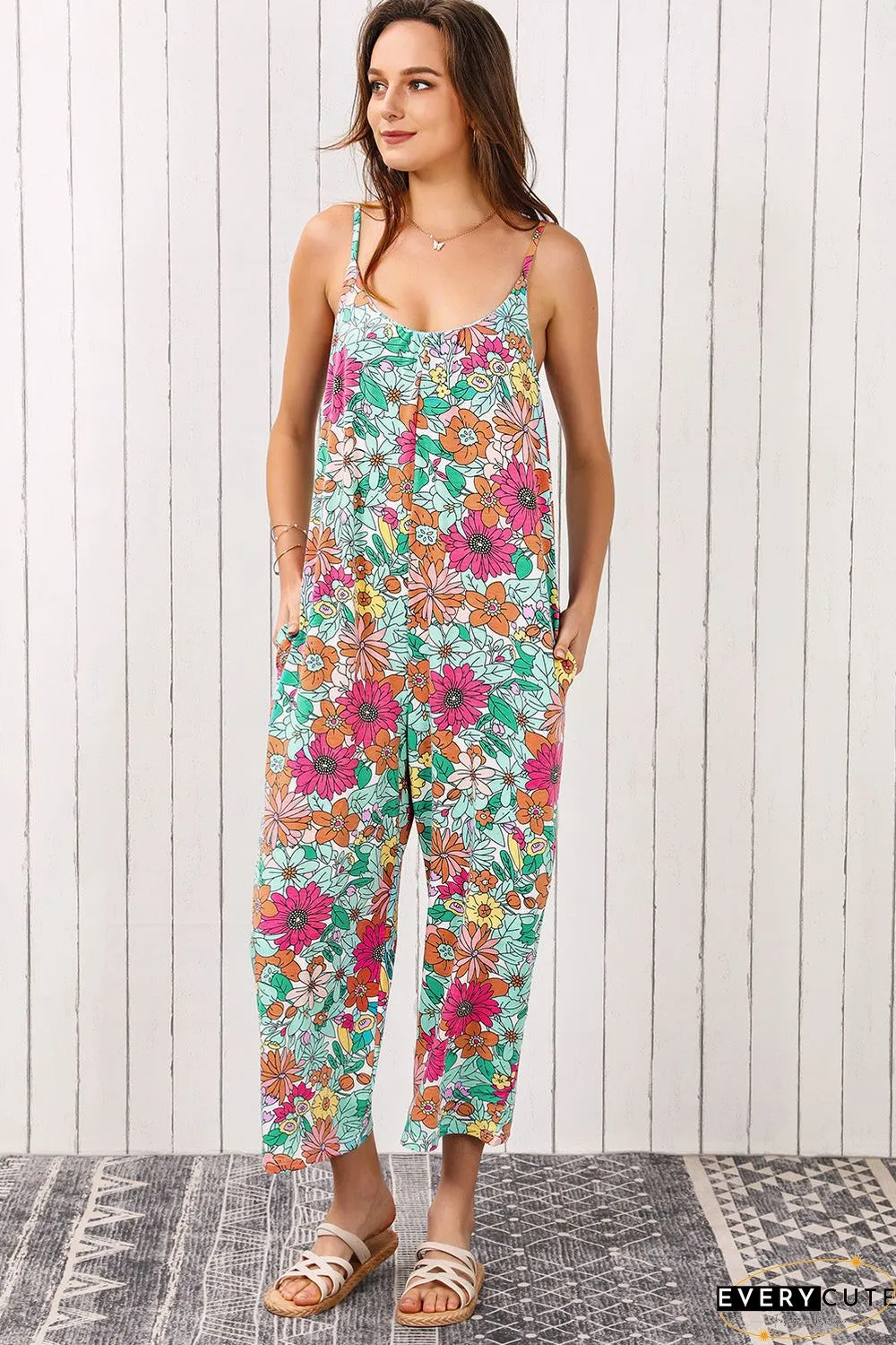 Print Spaghetti Strap Wide Leg Jumpsuit
