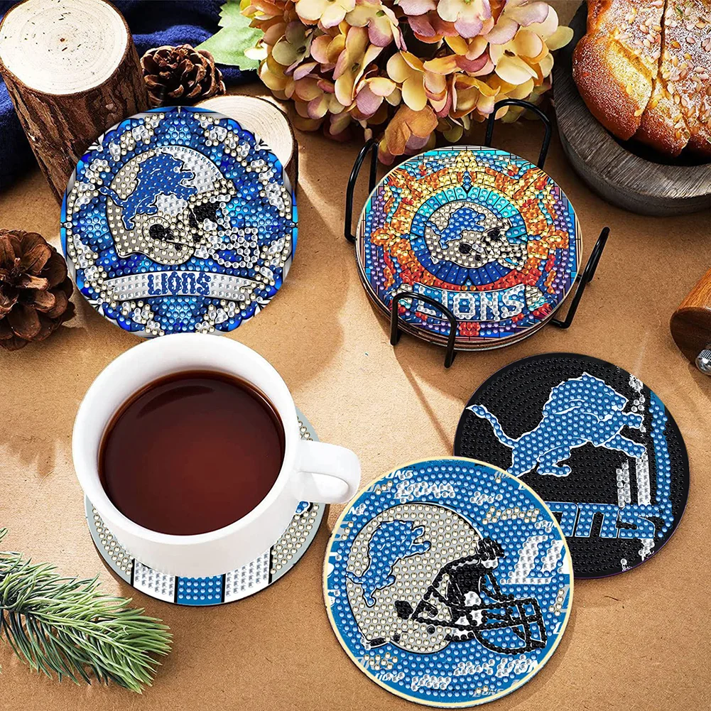 Detroit Lions 6pcs DIY Diamond Painting Acrylic Coasters Holder for Beginner Adult