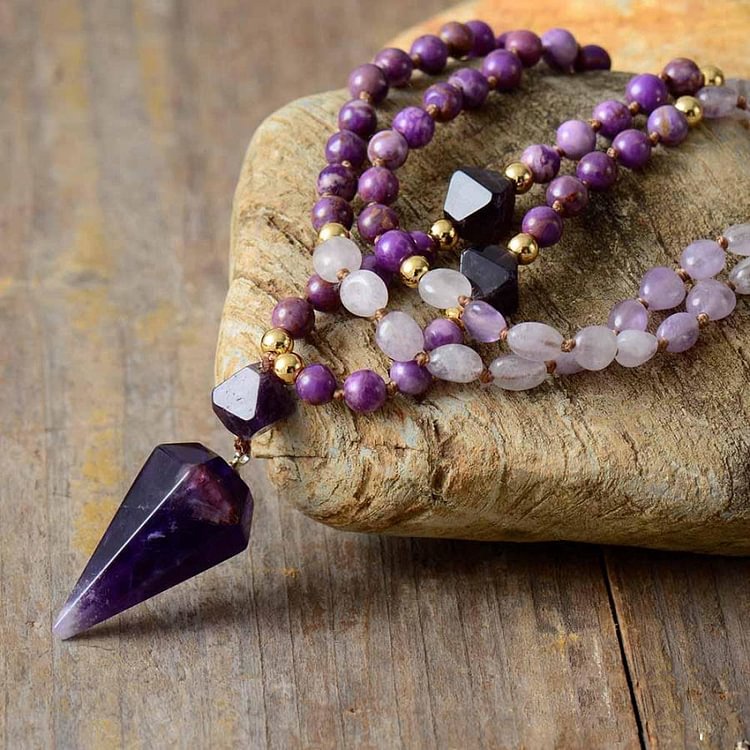 Natural Amethyst Purple Jade Beaded Mala Necklace