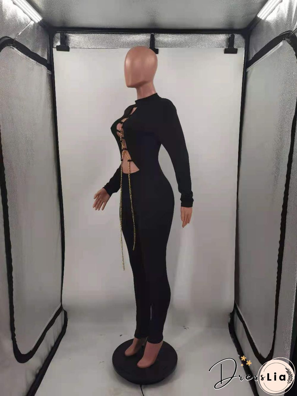 Hollow Out Cross Chain Lace Up Long Sleeve Jumpsuit