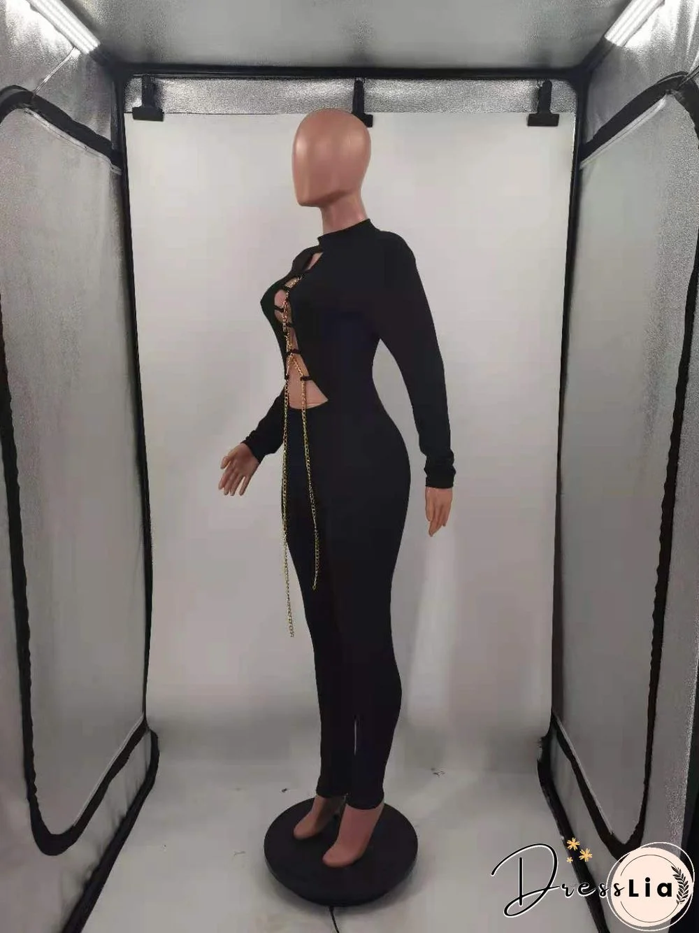 Hollow Out Cross Chain Lace Up Long Sleeve Jumpsuit