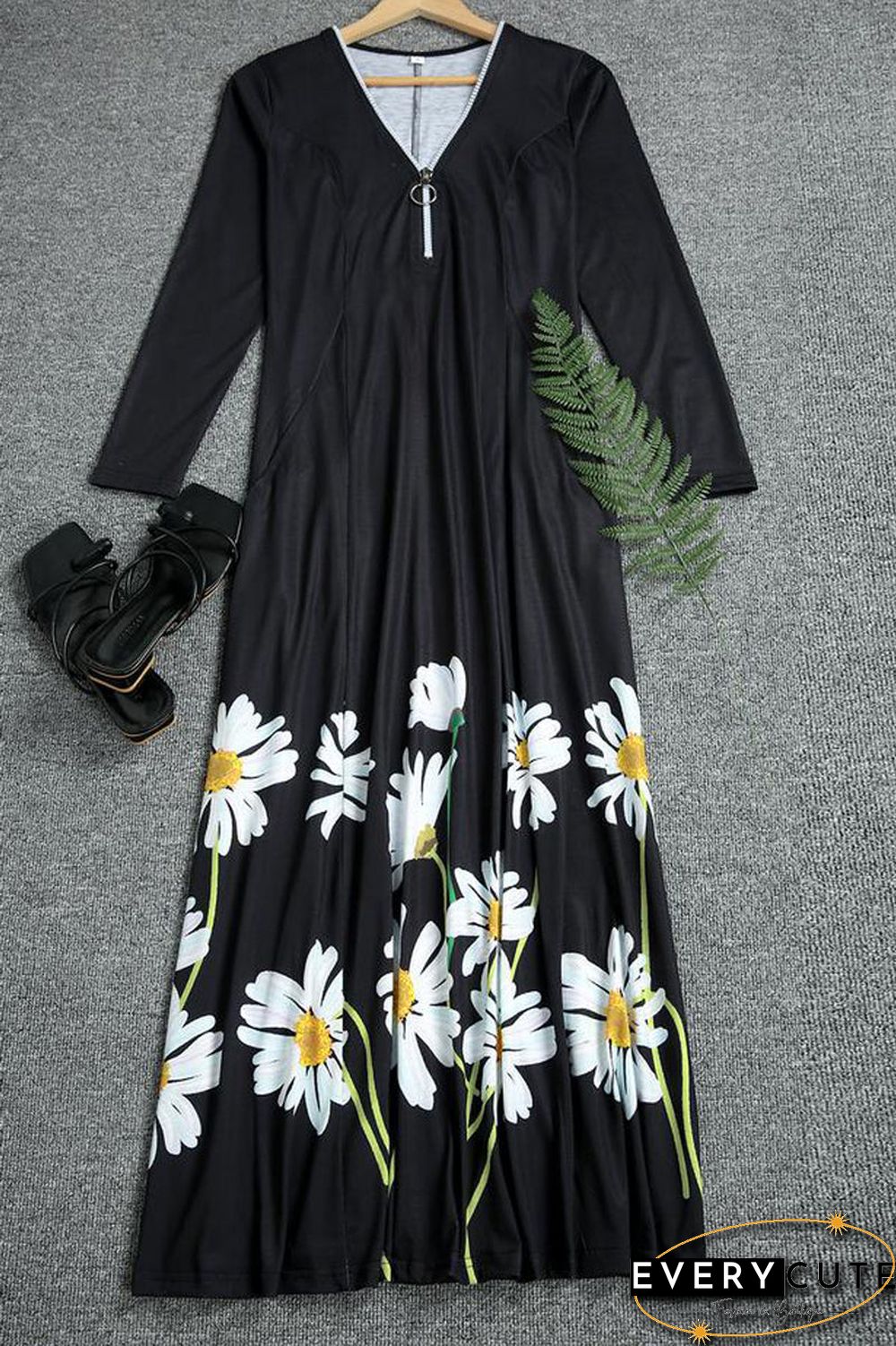 Zipper Floral Print Long Sleeve Dress