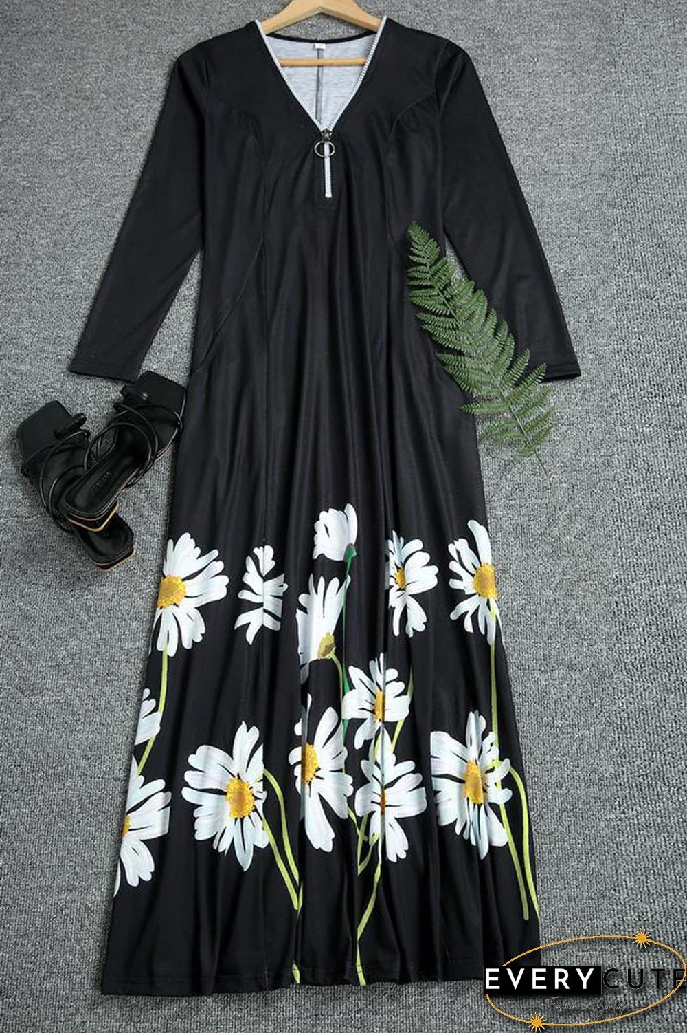 Zipper Floral Print Long Sleeve Dress