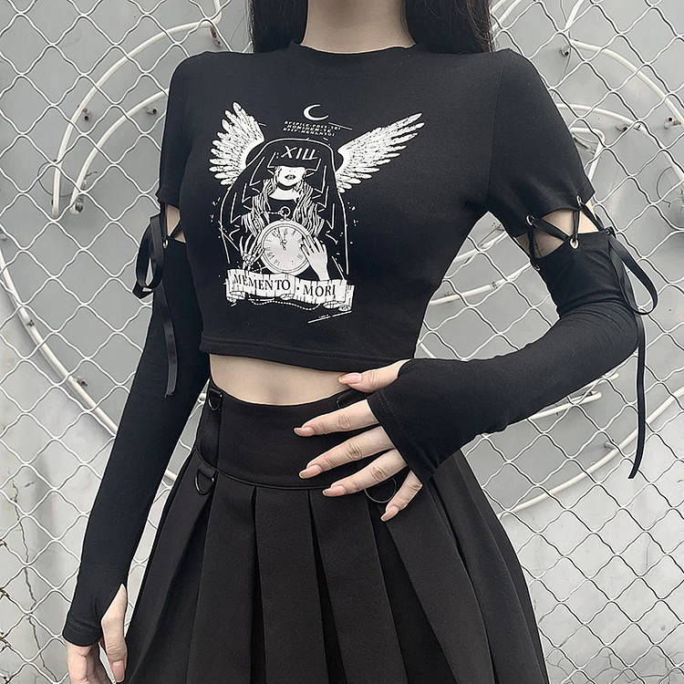 Dark Angel Girl Lace-up Stitching Crop Top - Gotamochi Kawaii Shop, Kawaii Clothes