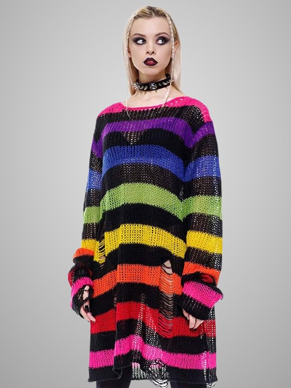 Lazy Punk Oversized Cutout Color-block Stripes Knitted Sweater
