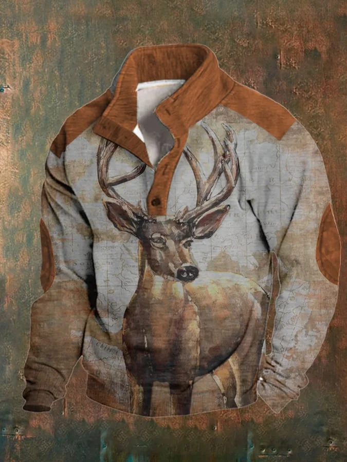 Men's Casual Literary Elk Print Fleece Sweatshirt
