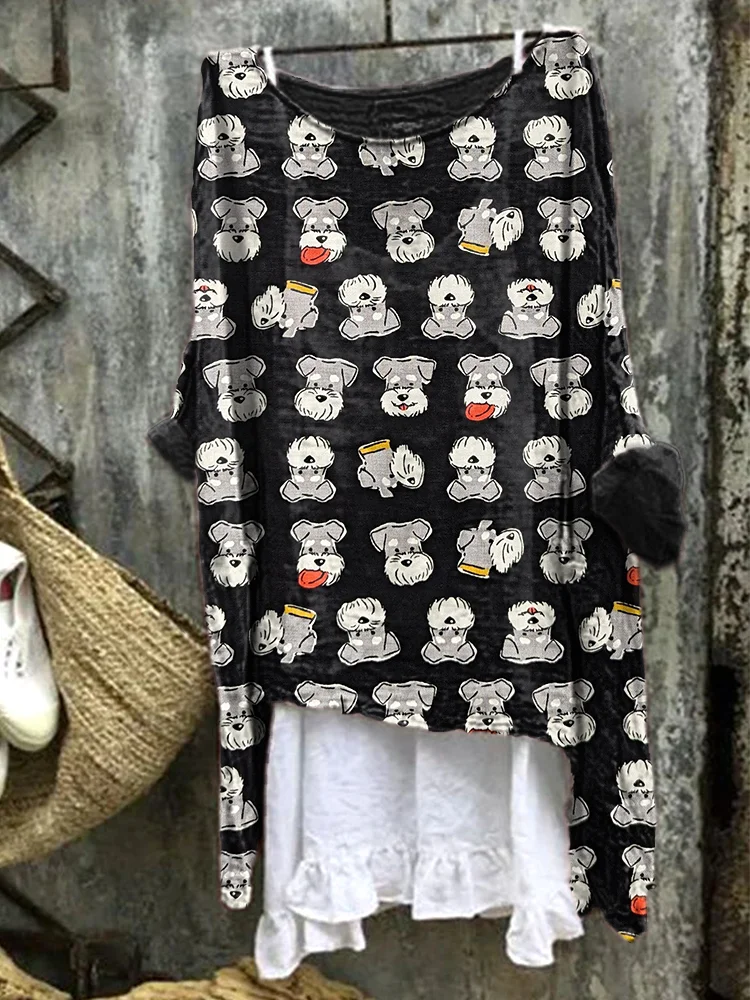 Lively Schnauzer Dog Print Linen Blend Vintage Shirt