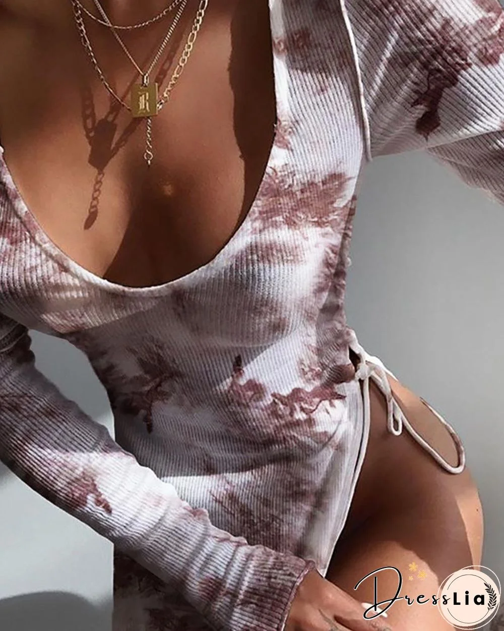 Tie Dye Print Side Slit Lace-up Ribbed Long Sleeve Dress