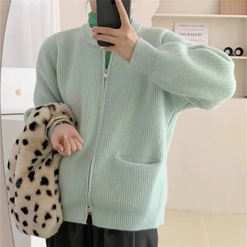 Churchf Color Lazy Wind Double-Headed Zipper Soft Waxy Sweater Autumn New Women's High-Level Versatile Knit Cardigan
