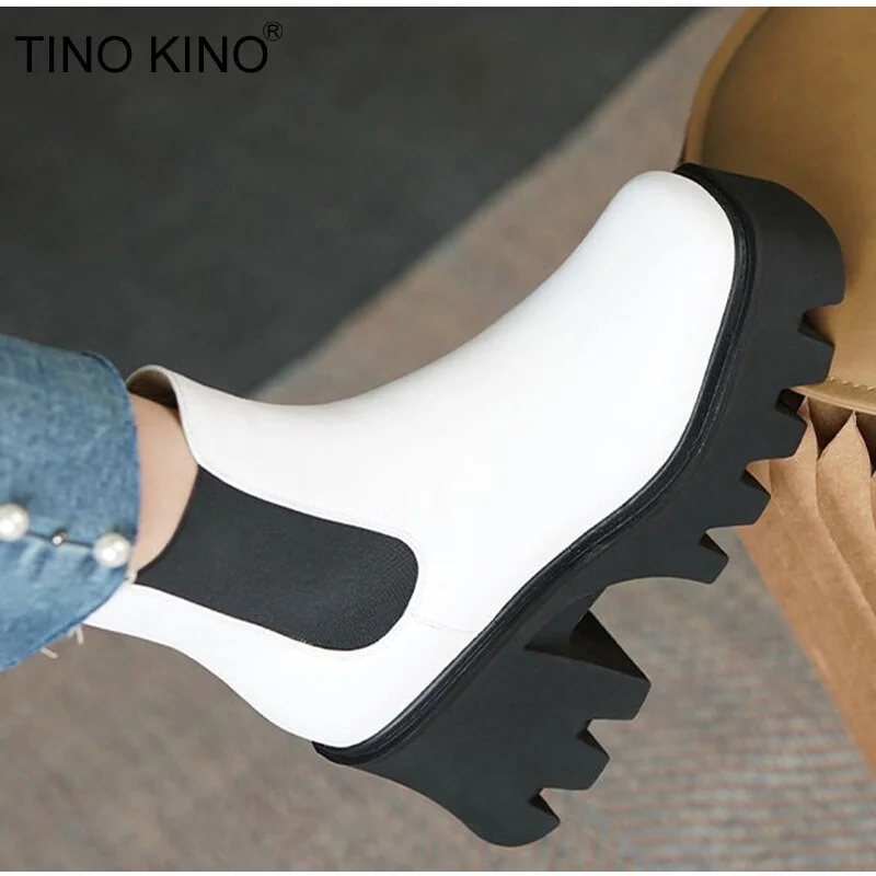 Fashion Platform Chelsea Boots For Women Chunky Heels Ladies Leather Shoes Autumn Winter Slip On Square Toe Female Ankle Boots