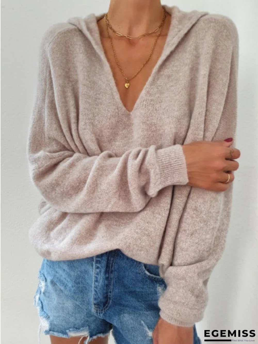 Women Solid Color Wool Blend V Neck Shift Pullover Sweater | EGEMISS