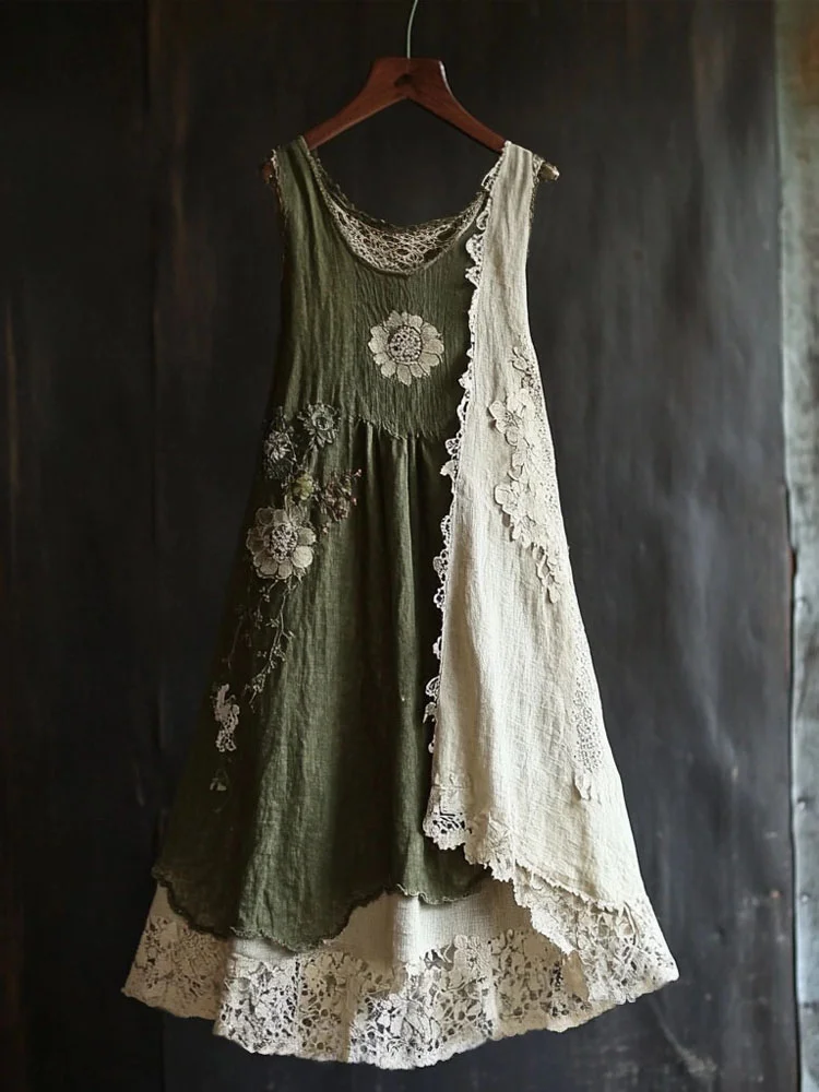 Vintage Floral Lace Patchwork Comfy Linen Tank Dress