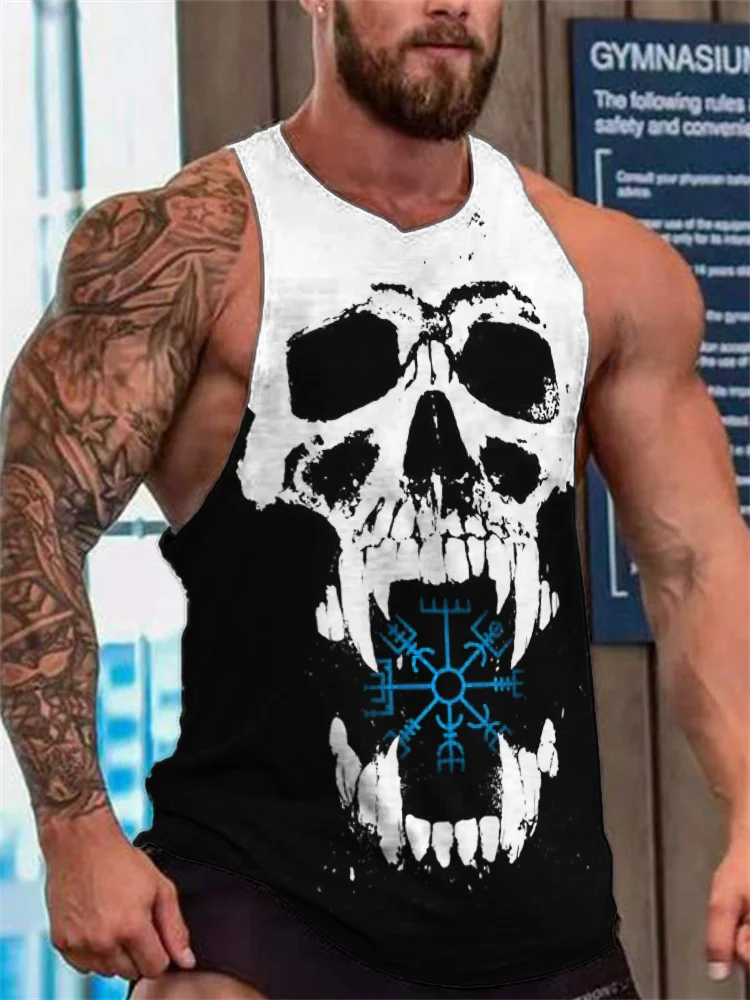 BrosWear Men's Viking Vegvisir Evil Skull Contrast Color Tank Top