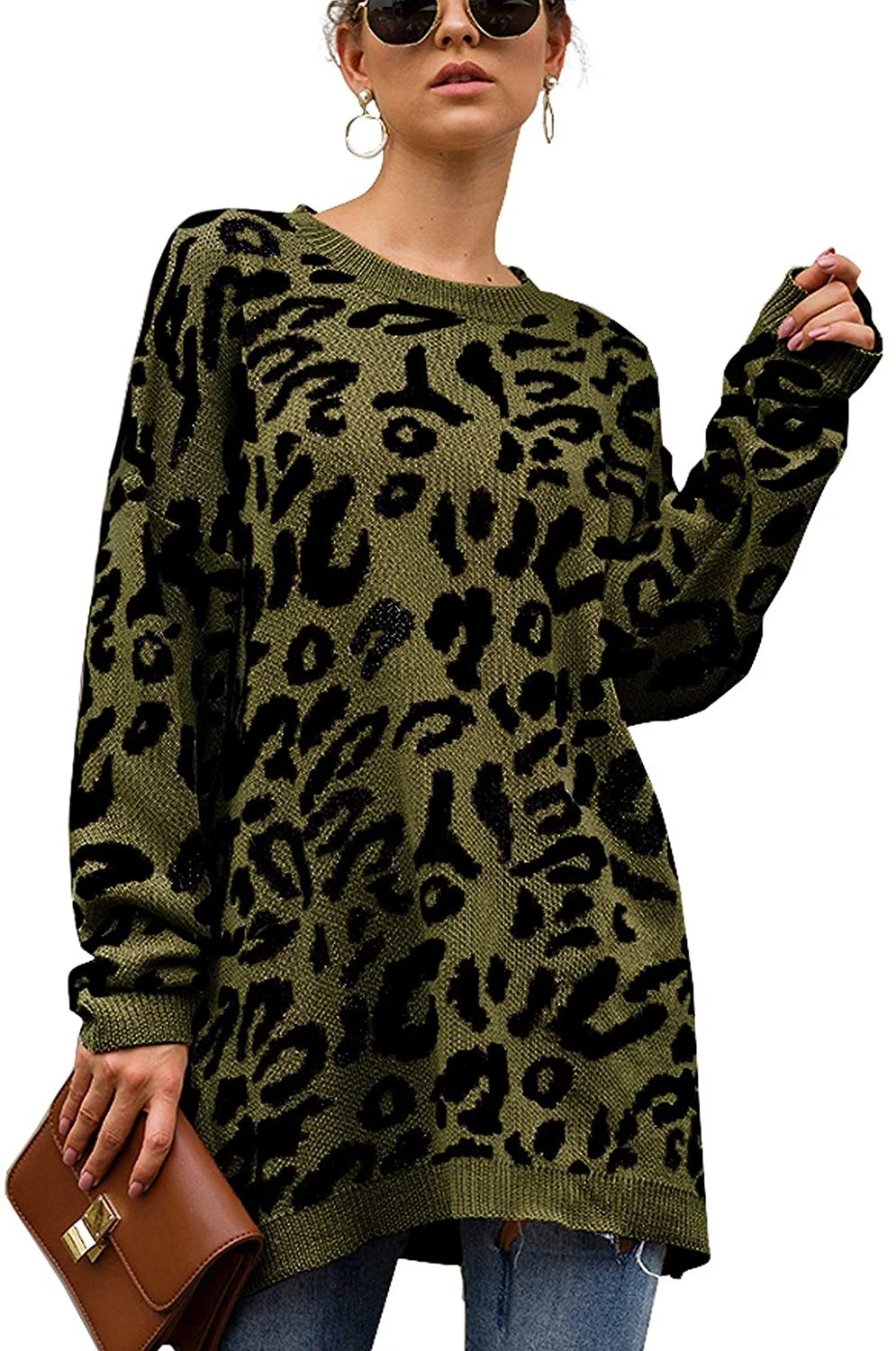 Pullover Sweaters Leopard Printed Oversize Knitted Crew Neck Sweater Long Sleeve Loose Jumper Sweatshirts Tops