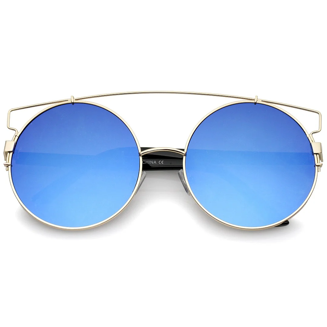 Oversize Metal Frame Horn Rimmed Crossbar Mirror Flat Lens Round glasses 62mm