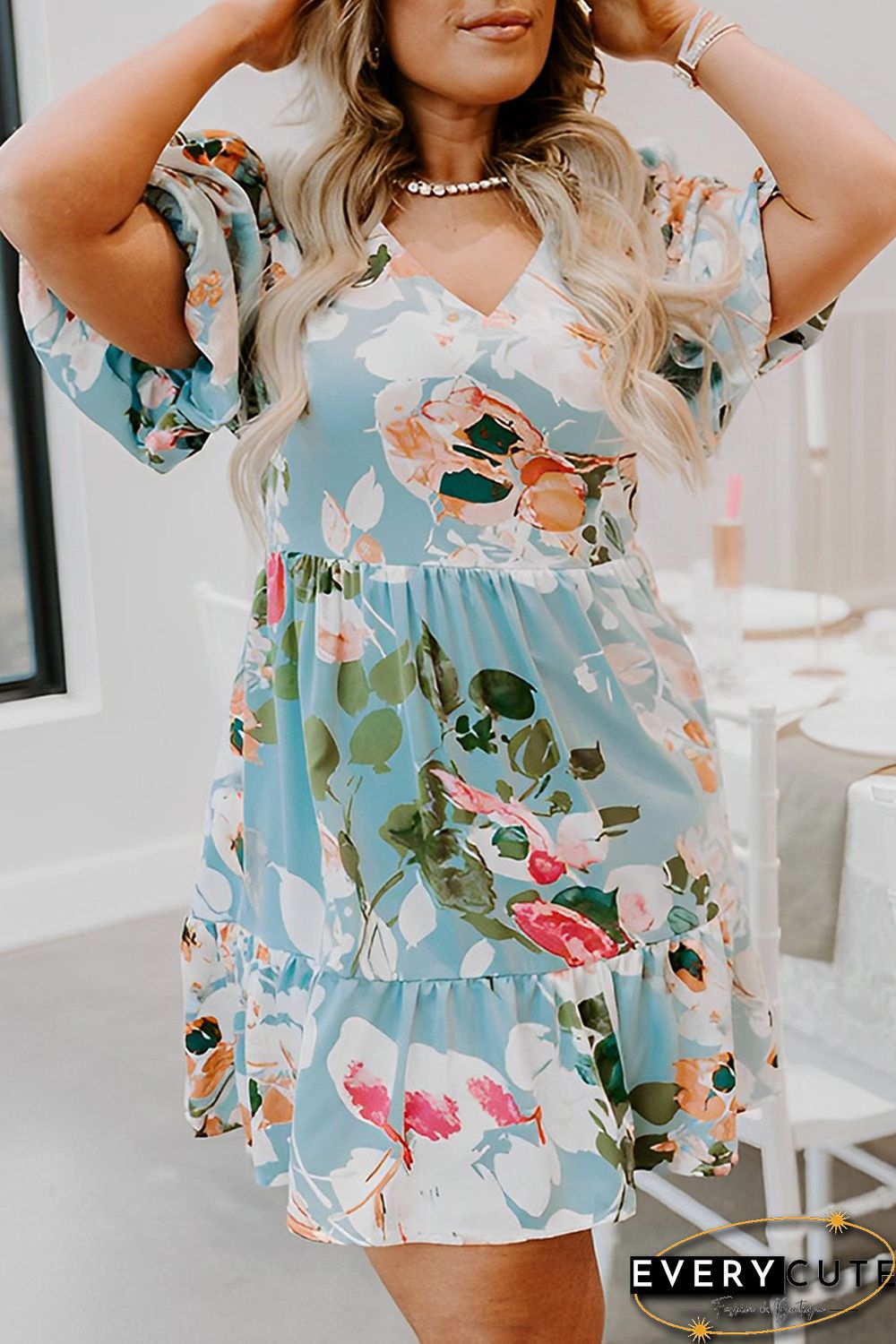 Sky Blue Floral Print Ruffled Puff Sleeve Plus Size Mini Dress