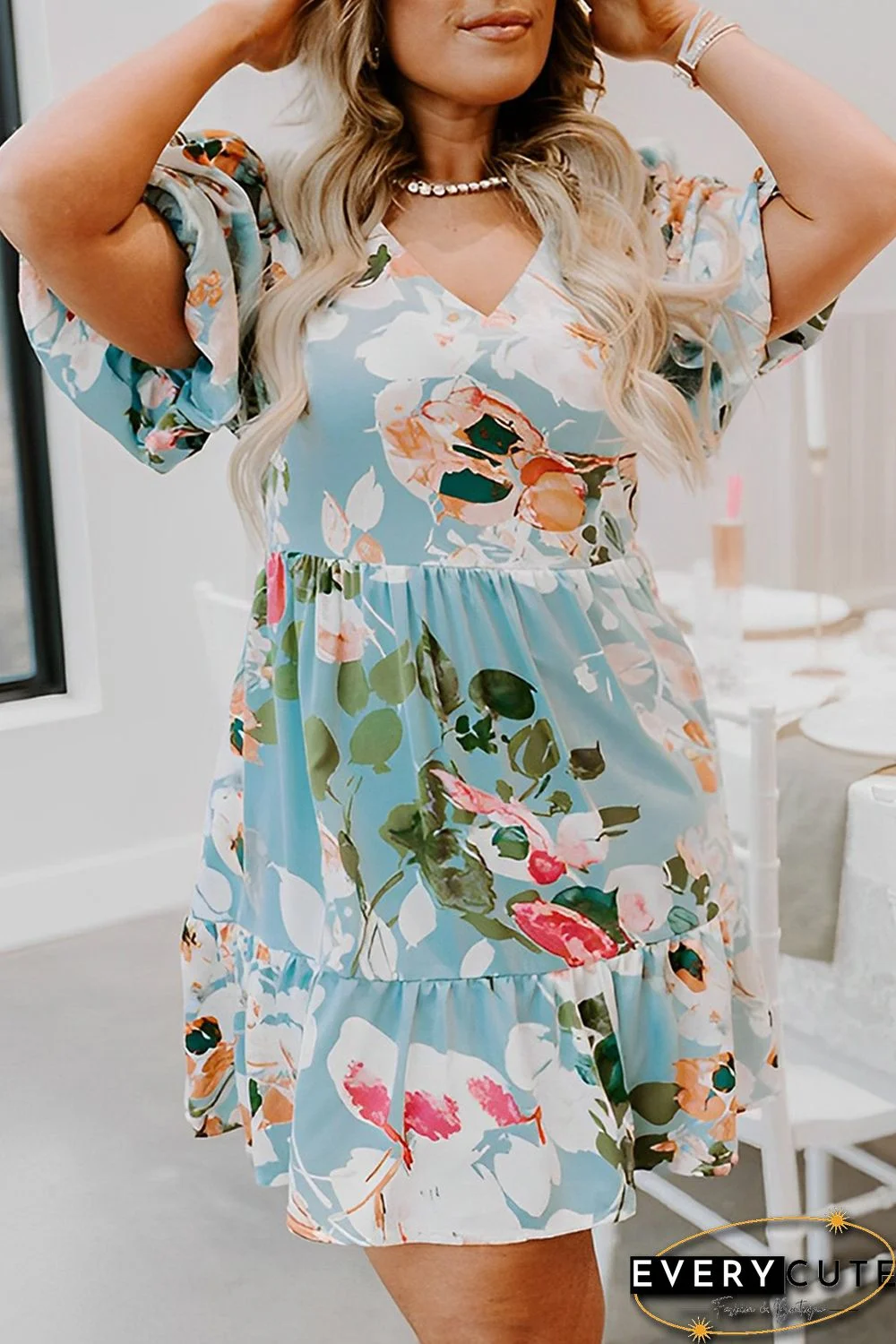 Sky Blue Floral Print Ruffled Puff Sleeve Plus Size Mini Dress